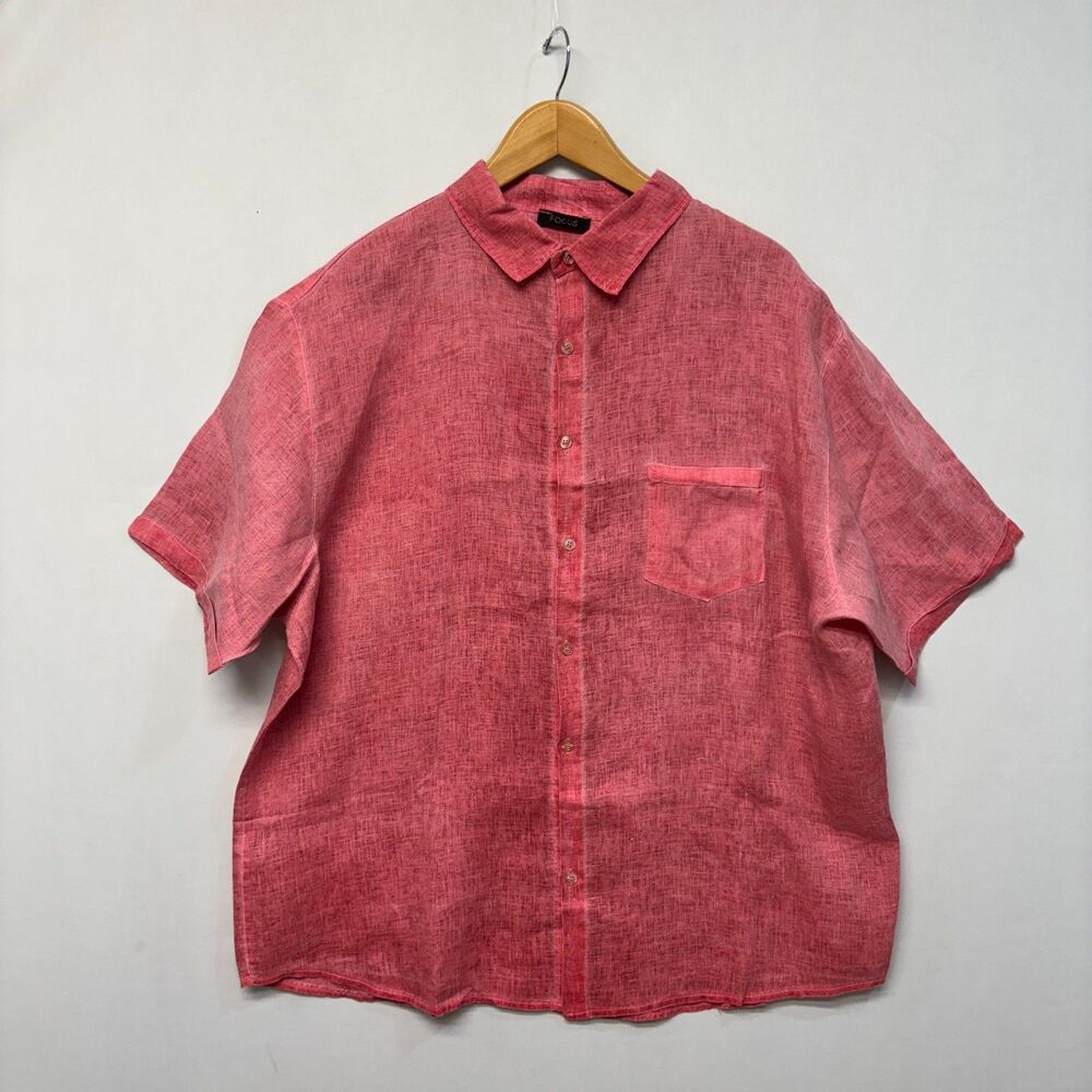 Focus Moda SRL Men 100% Linen Short Sleeve Shirt Top Size 4XL Pink C028 -8